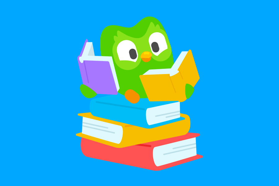 Illustration of Duo the owl, sitting on a pile of books, with a book open in each of his wings